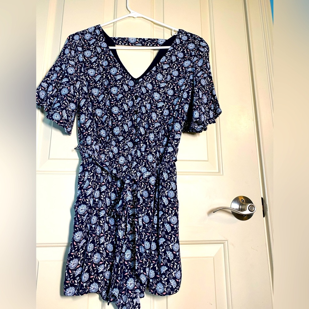 Loft blue and black/mini flower wrap jumper dress/ short sleeves/size XS